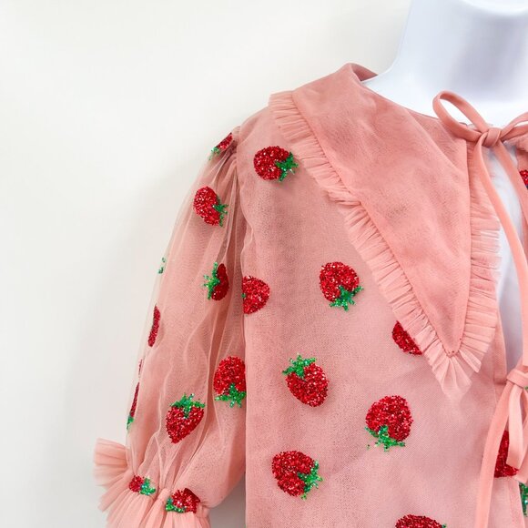 Lirika Matoshi Strawberry Print Tulle Tie Front Collared Cropped Blouse Top - Picture 6 of 11